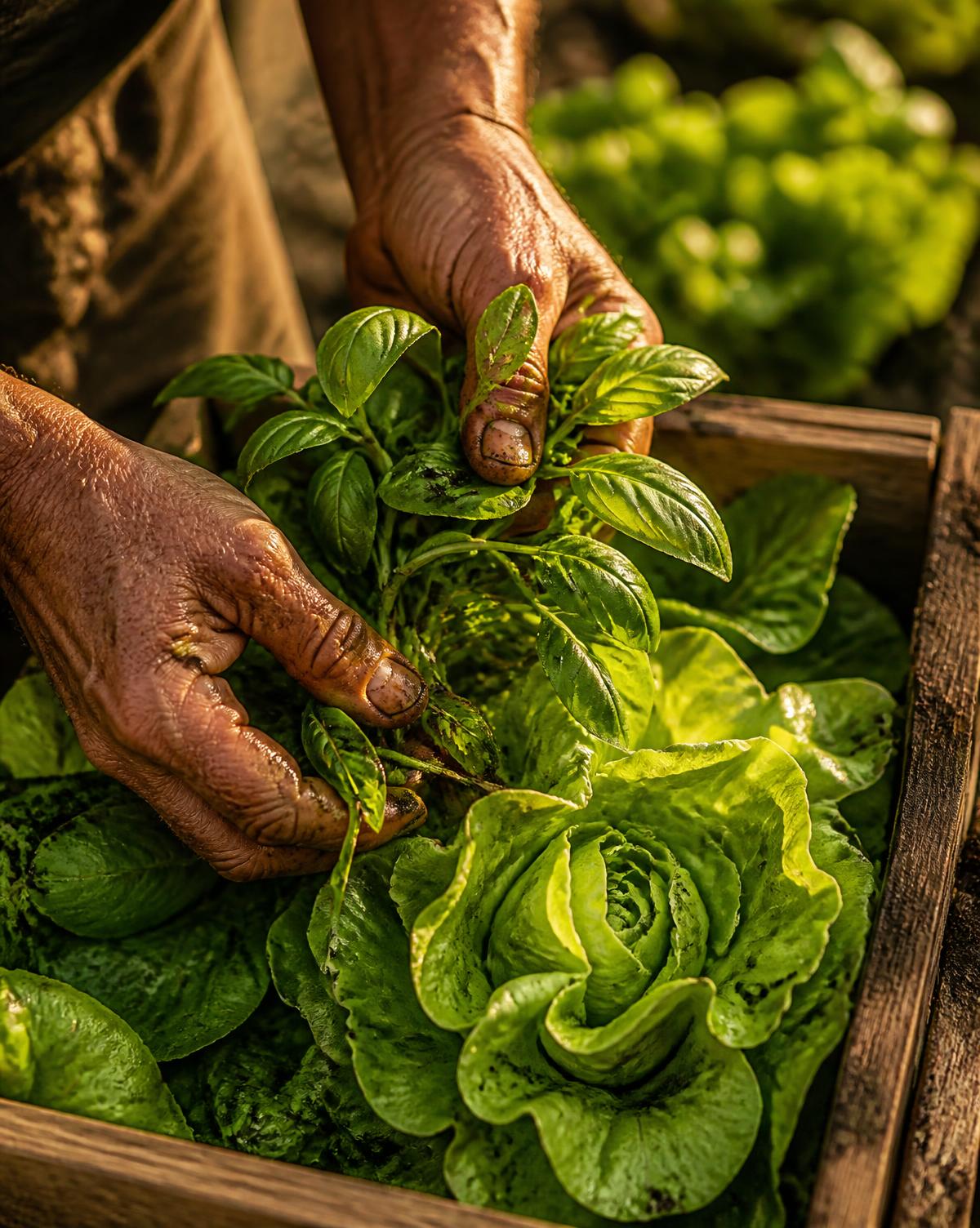 Manos recogiendo albahaca fresca y lechuga en una caja de madera